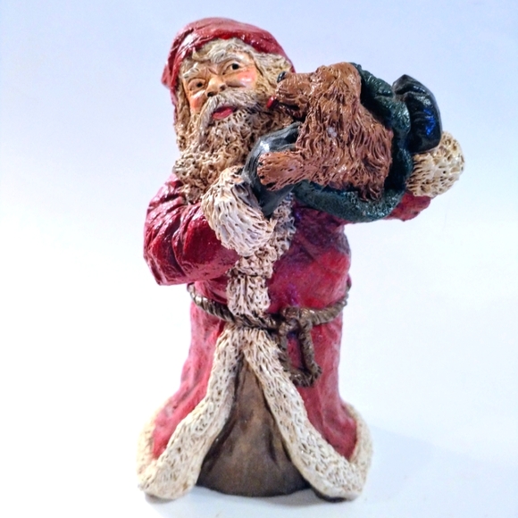 Vintage Santa & Dog 1988 Signed Christmas Hand Carved Painted Wood Figurine - Picture 1 of 8